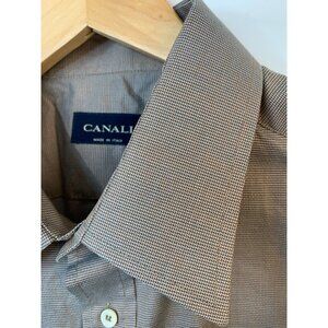 Canali Mens Brown Micro Check Button-Down Shirt 17.75 Neck Italy Cotton 10021